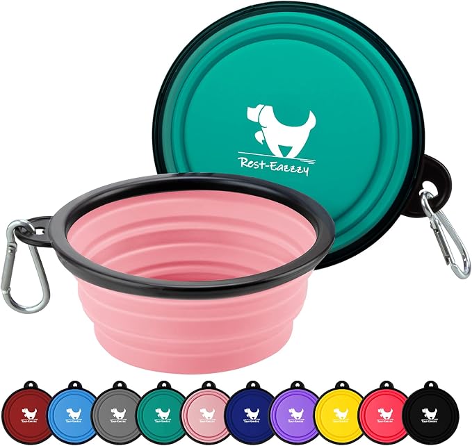 Collapsible Dog Bowls, 2 Pack, with Carabiners, Green & Pink, Small