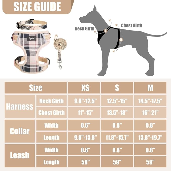 PUPTECK Dog Harness and Leash Set, No Pull Adjustable Pet Small Dog Harness, Reflective Soft Mesh Pet Vest, for Small Medium Dogs Walking, Beige Plaid, XS