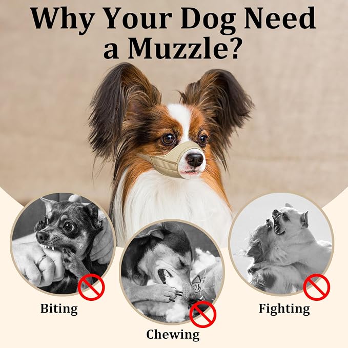 Fabric Dog Muzzle for Short Snout Small Dogs Chihuahuas Anti-Bite | Fits Shih Tzu Pomeranian Yorkshire Brachycephalic Dog, Grooming Vet Visits Walking Use, Prevent Chewing, Soft | Khaki, S