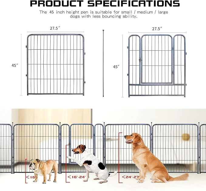 Dog Playpen,24/32/40 Inch Height in Heavy Duty,Folding Indoor Outdoor Dog Exercise Fence, Portable Pet Playpen with Door for Large Medium Dogs - Silver Gray (32 Panels, 45 inch)