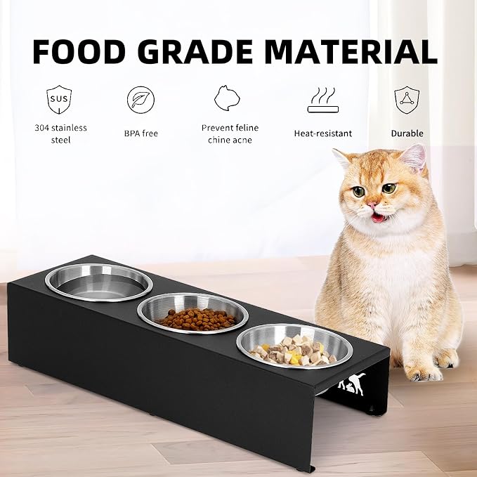 Elevated Cat Food Bowls - 15° Tilted Stainless Steel Cat Bowls, Anti Vomiting Raised Pet Feeder with Non-Slip Metal Base for Indoor Cats, 3 Bowl Set