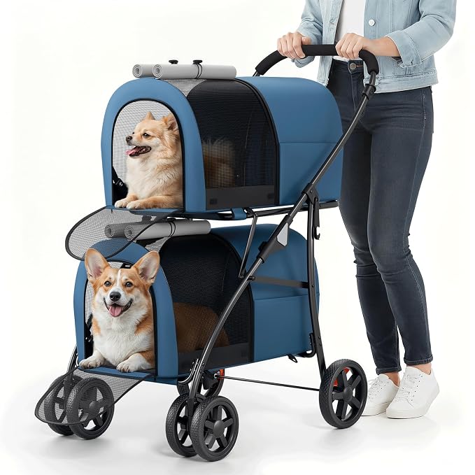 MoNiBloom Double Pet Stroller - Navy Blue/Gray, 4 Wheels