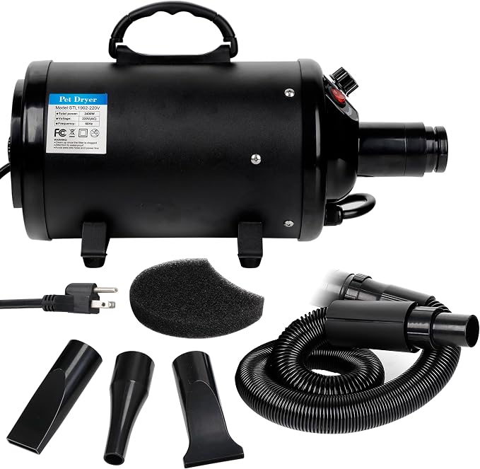 ZENY Dog Dryer, Pet Grooming Blower with Heater for Cat/Dog, 2400W Speed-Adjustable Pet Hair Dryer, with 4 Different Nozzles + 2 Filter, Black