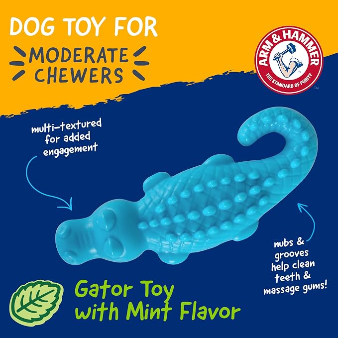 Arm & Hammer Nubbies Gator Dog Dental Chew Toy, Mint Flavor, 2-Pack | Baking soda infused, scrubbing grooves reduce plaque and tartar, no stuffing, for moderate chewers daily