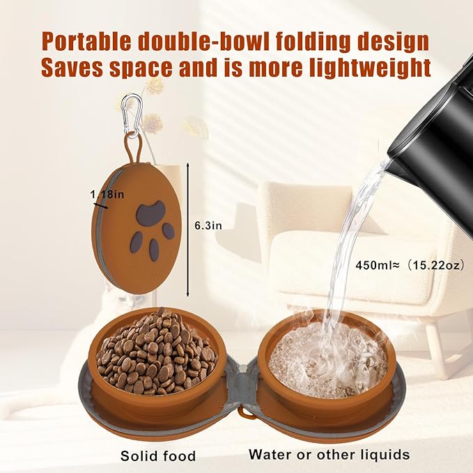 Collapsible Dog Bowls, 2-in-1 Silicone with Carabiner, Brown