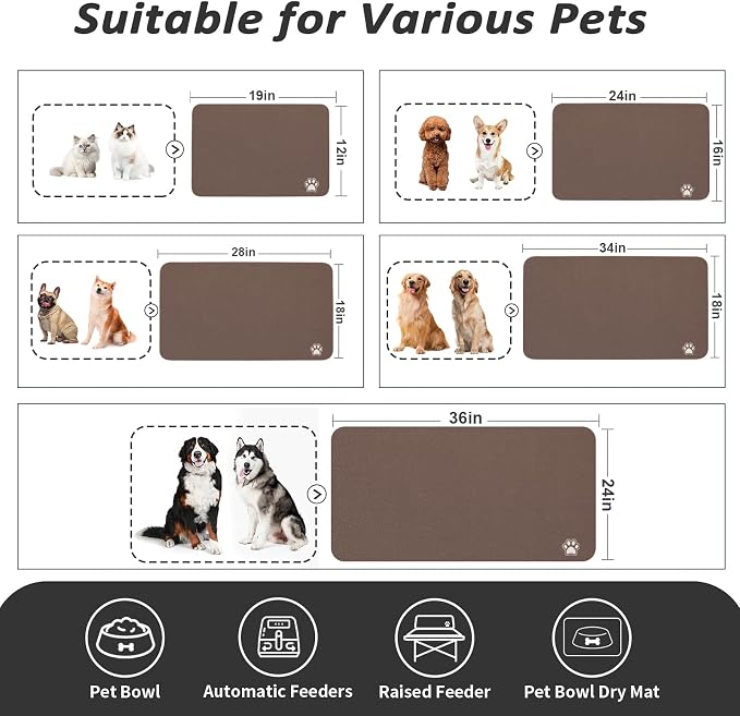 HotLive Dog Food Mat - Absorbent Cat Mat for Food and Water, No Stains Pet Feeding Bowl Mat, Easy to Clean Pet Placemats, Quick Dry Dog Water Dispenser Mat for Messy Drinkers | Paw Brown 18"x 28"