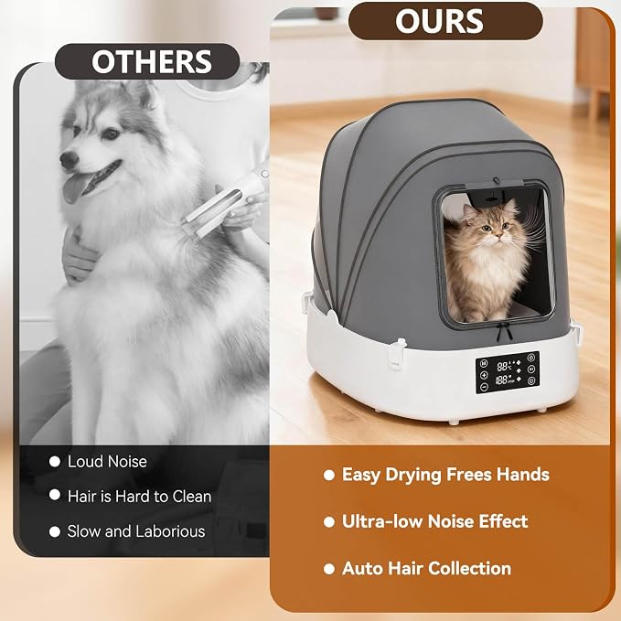 Updated Automatic Pet Dryer Box with 86CFM Dual Fans, 60L Foldable Design, 360° Quiet Airflow, Temperature/Time Control – Grooming Hair Blower for Dogs, Cats & Puppies