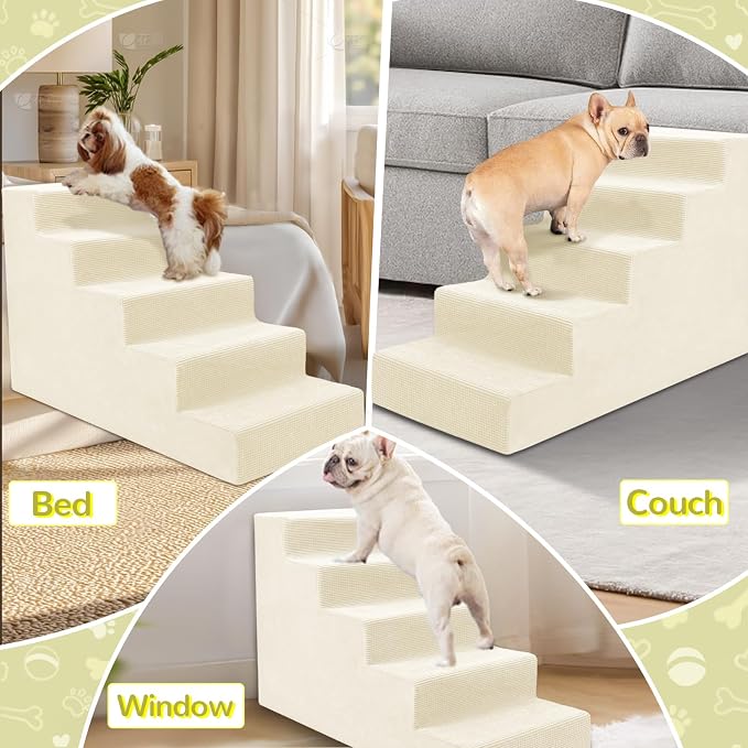 Niubya Dog Stairs for Small Dog and Cats,23”H Non-Slip Bottom Pet Steps for High Beds and Couch,Extra Wide High-Density Foam Pet Stairs White,5 Steps