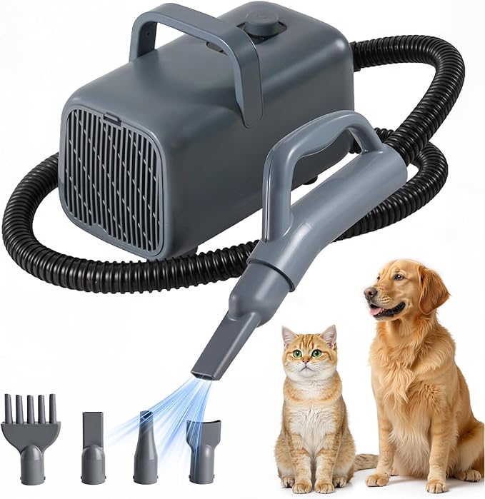 DUMOS Pet Blow Dryer Grooming Vacuum Kit, 6.5 FT Cord, 4 Nozzles | Dog Low Noise Hair Dryer with Adjustable Wind Speed & Heater Temperature, Cool-Warm-Hot Cycle Mode, Grey