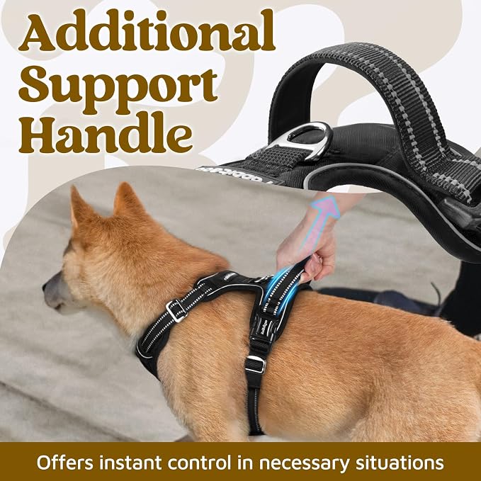 rabbitgoo Dog Harness Medium Sized, No Pull 3 Buckles Easy On & Off | Soft Padded, Walking with Control Handle, Adjustable and Reflective, Black, Medium