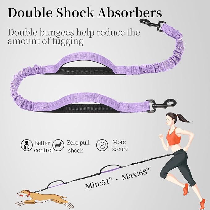 iYoShop Hands Free Dog Leash with Zipper Pouch, Large, 25-120 lbs, Lavender | Waist Leash, Dual Padded Handles, Shock-Absorbing Bungee, Adjustable Waist Belt, Walking and Running