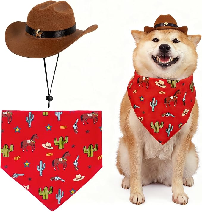HOWWFALY Pet Cowboy Costume Set Dog Halloween Costumes Cat Cowboy Hat & Bandana Scarf, Medium, Small, Red