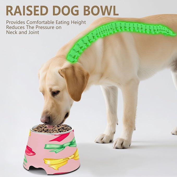 Blueangle Elevated Dog Bowls with Stainless Steel - Non-Slip 2.3 Cup High Capacity Pet Dish for Spinal Health & Colorful Bows Design（193）
