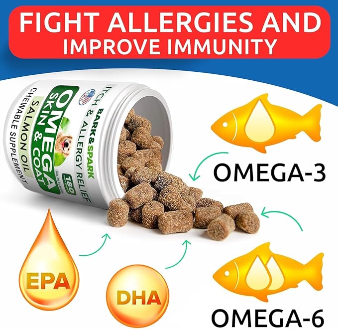 BARK&SPARK Omega 3 for Dogs - 180 Fish Oil Treats for Dog Shedding, Skin Allergy Chews, Itch Relief, Hot Spots Treatment - Joint Health - Skin and Coat Supplement - EPA & DHA Fatty Acids - Salmon Oil