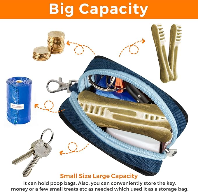 Dog Poop Bag Holder Zippered Pouch, Portable Dog Poop Bag Dispenser with 1 Metal Clip, Fashion Color Matching Canvas Waste Bag Holder for Leashes - Blue & Black