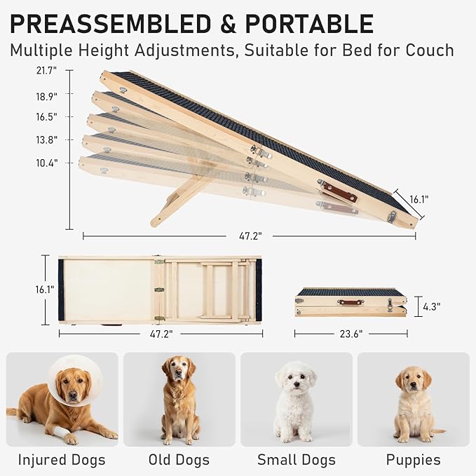 Foldable Dog Ramp for Bed and Couch - Adjustable Height with Leather Handle, Perfect for Small Dogs and Cats, Portable Pet Ramp for Easy Storage, 5 Adjustable Height, Portable 47.24'' Long