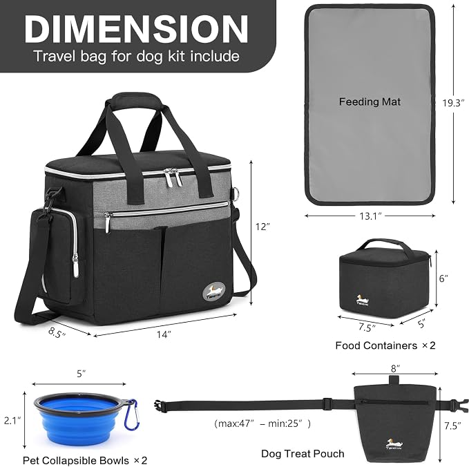 Dog Travel Bag 7-Piece Set with Food Containers, Bowls & Treat Pouch, Black