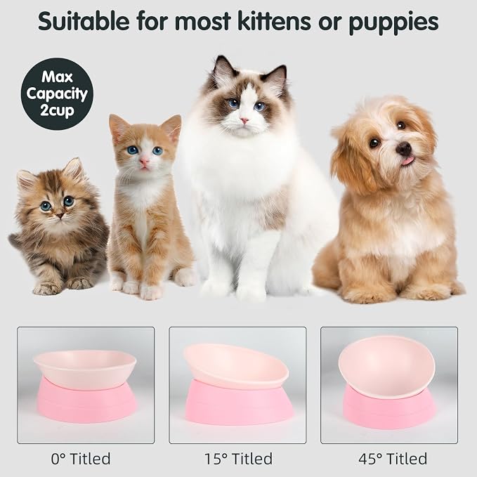 Bulldog Bowl Anti-Slip Dog Cat Dish Detachable Rubber Dog Bowl Pet Sterile Tilted Pet Feeder Slope Base (Pink, 2 Cup (Small/Medium Dog))
