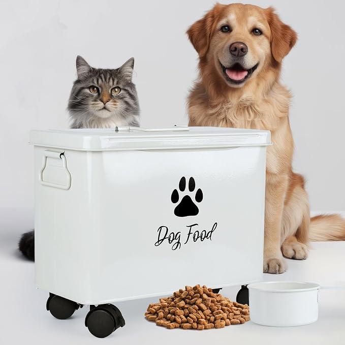Dog Food Container 13lb, The storage container for small and medium-sized dog and cat food measures 13 inches (length) x 7.1 inches (width) x 11 inches (height), with enough space to hold 13 pounds of pet favorite dry food., 13lb, Metal, Black