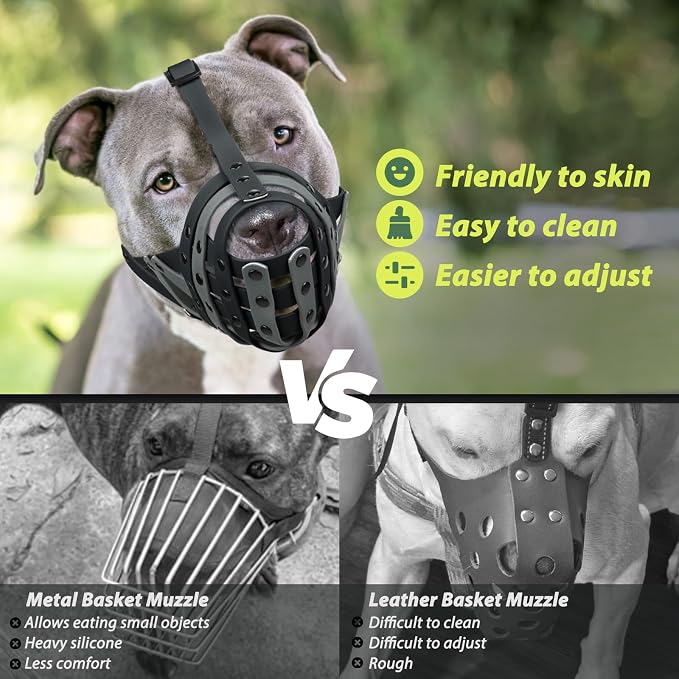 Pitbull Dog Muzzle for Large Medium Dogs Prevent Biting Scavenging | Fits Rottweiler Amstaff Broad-nosed Breed, Sturdy Breathable Basket, Training Walking Use, Allows to Drink | Black Grey, M