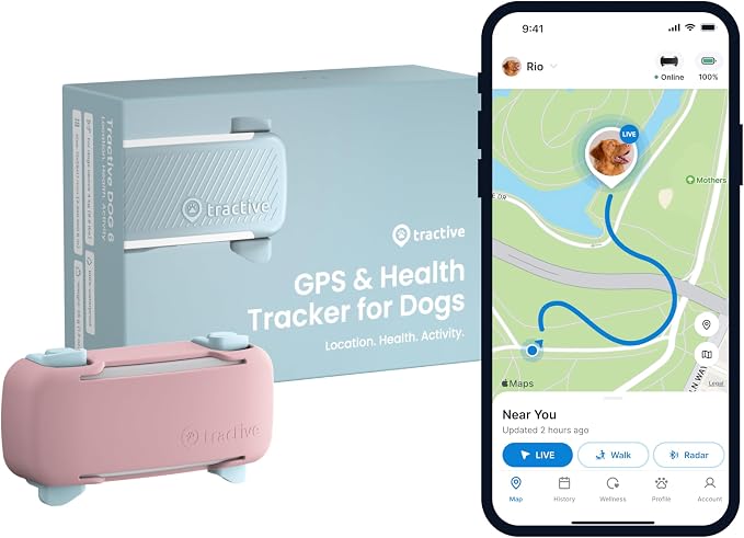 Tractive GPS Dog Tracker (2025 Release) Real-time Pet Location Tracker | Health & Wellness Alerts | Virtual Fence for Dogs | Bark Monitoring (Mint w/Pink Cover)