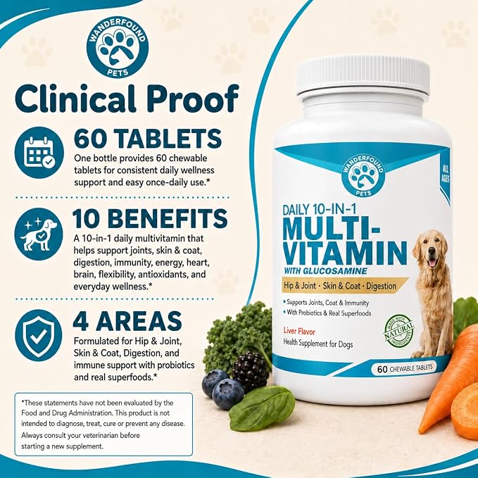 Wanderfound Pets 10-in-1 Dog Multivitamin, Chewable Dog Vitamins with Glucosamine, D3, and MSM, Dog Health Supplies for Immune System and Joint Health, Liver Flavor, 60 Tablets
