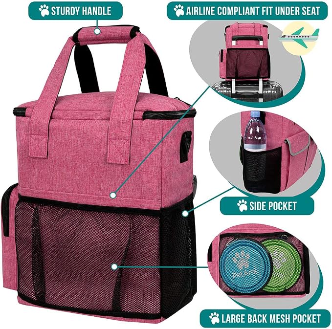 PetAmi Dog Travel Bag Organizer with Food Containers & Bowls, Pink