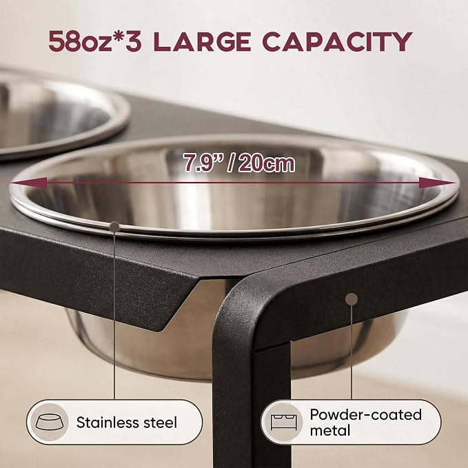 Metal Elevated Dog Bowls, Raised Dog Bowls for Medium/Large Sized Dogs with Three 58oz Stainless Steel Food Bowls, 3 Adjustable Height (8.8"/11.5"/14") Dog Bowl Stand Protect Neck & Joints