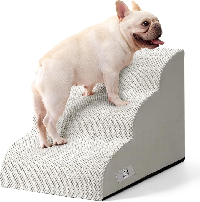 Airpanda Dog Stairs for Small Dogs and Cats – 3 Step Pet Ramp for Couch & Sofa, Non-Slip Dog Steps for Pets, Washable Cover, High-Density Support Foam for Easy Climbing,Light Grey