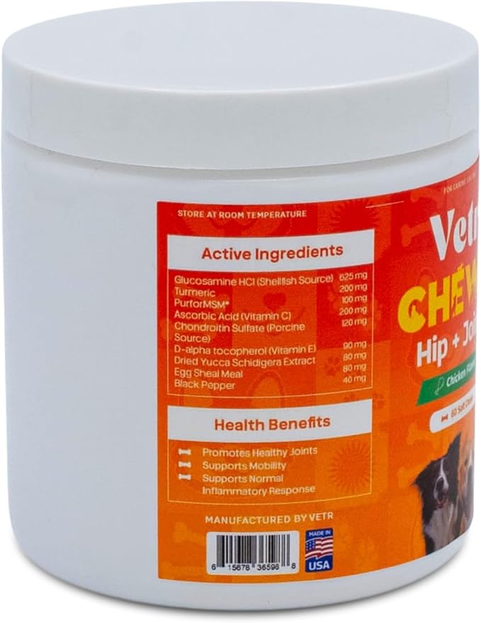Vetr Hip and Joint Chicken Flavored Chews for Dogs - Glucosamine Chondroitin MSM Supplement - 60 Chewable Tablets - Vet-Formulated in USA