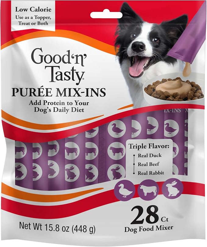 Good 'n' Tasty Triple Flavor Puree Mix-Ins Dog Food Topper Treats for All Dogs, 28 Count, Easy Single-Serve Portions, Added Protein with Duck, Beef and Rabbit, No Chicken Added