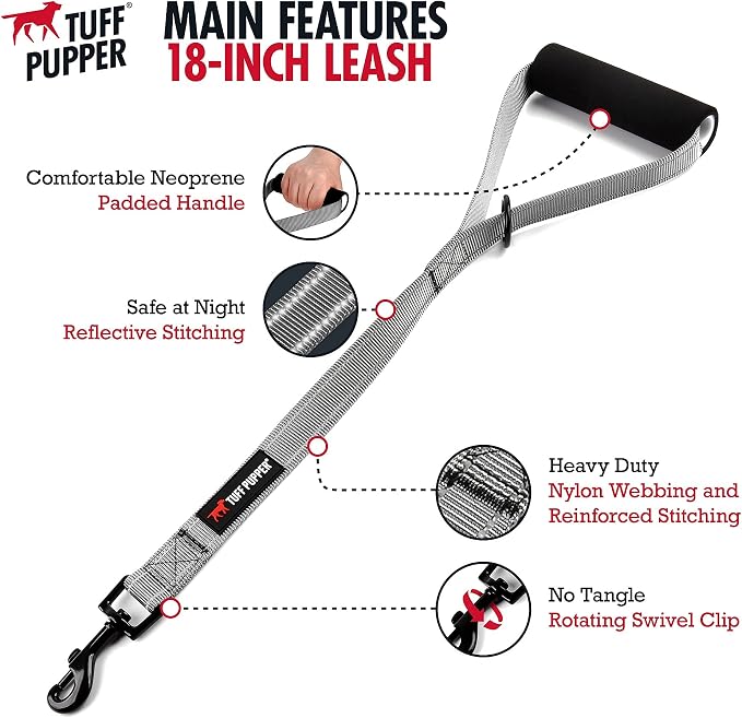 Tuff Pupper Service Leash with Handle - 18 Inch, Gray, Perfect for Service & Large Dog Training, Traffic Handle with Padding
