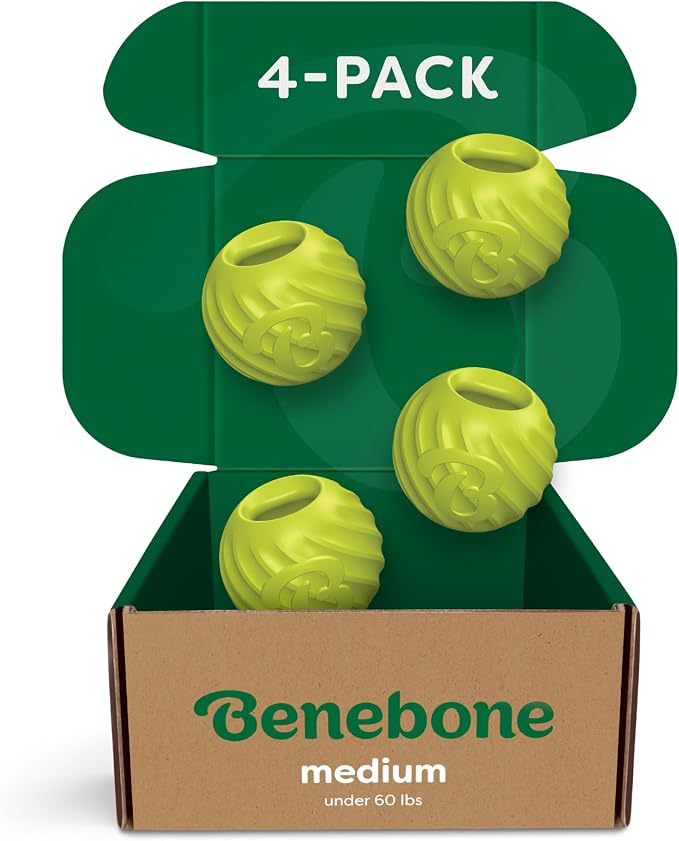 Benebone Rubber Ball, 4-Pack | Natural Rubber, Extra Bouncy, Tooth-Friendly, Great for Fetch, Boredom Buster, Dishwasher Safe, Long-Lasting