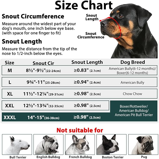 Soft Fabric Dog Muzzle for Pitbull Rottweiler Anti Fierce Biting | Fits Medium-Large Short Wide-Snouted Breed American Bully Boxer, Anti-Slip Strap, Walking Grooming Use, Allow to Drink | XXXL