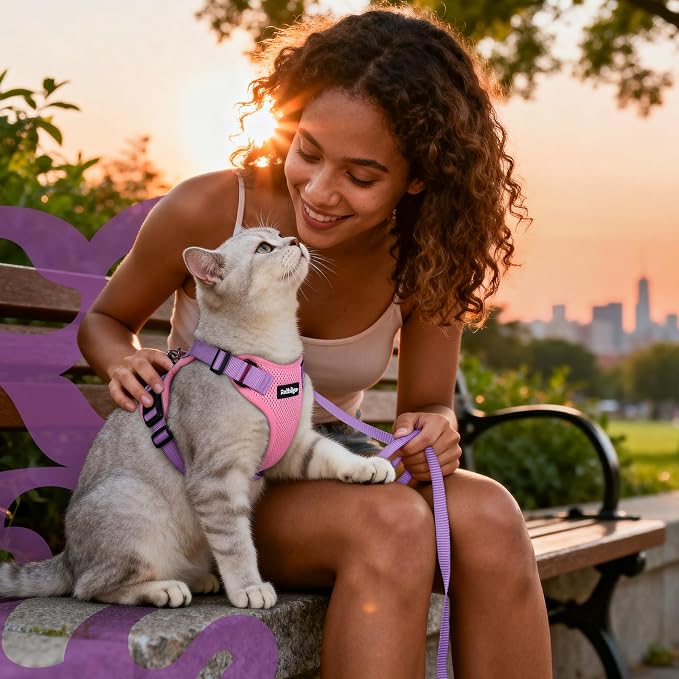 rabbitgoo Cat Harness and Leash Set, Escape Proof Vest, Pink & Light Purple | Soft Breathable Mesh, Easy Adjustable Fit, Snap Buckles, Sturdy Clip, Reflective Strips, for Medium to Large Cats Walks, M