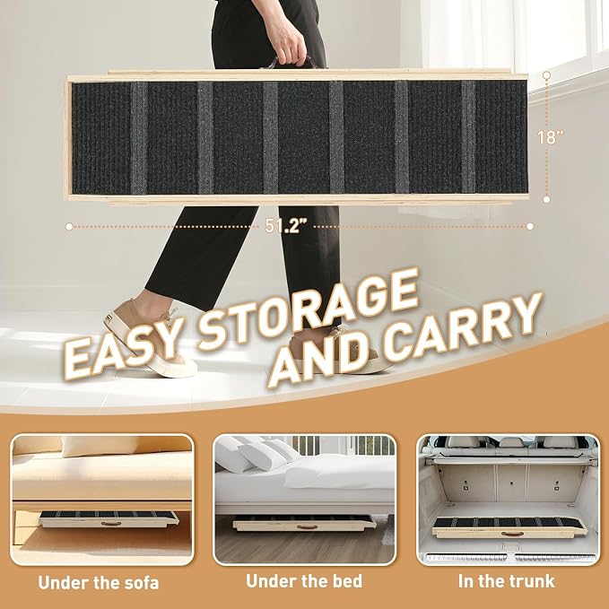 Dog Ramp for Bed - 53.3" Long Foldable Pet Ramp for Small Large Dogs - Dog Ramps for High Beds Couch Car/SUV - Pet Stairs High Traction with Platform 7 Adjustable Heights 17" to 30" Up to 200LBS, Wood