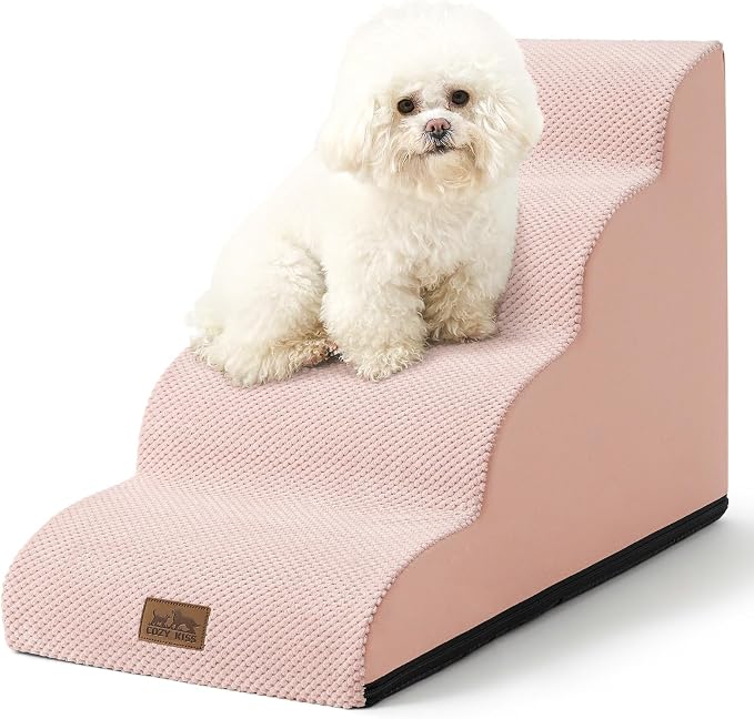 COZY KISS Dog Stairs for Small Dogs 19.7" H, Curved Dog Step for Puppy, Older or Cat, Medium Pet Ramp for Sofa, Couch or Bed, Ladder with High Density Foam, 4 Step, 15.7x28.3x19.7 inch, Pink