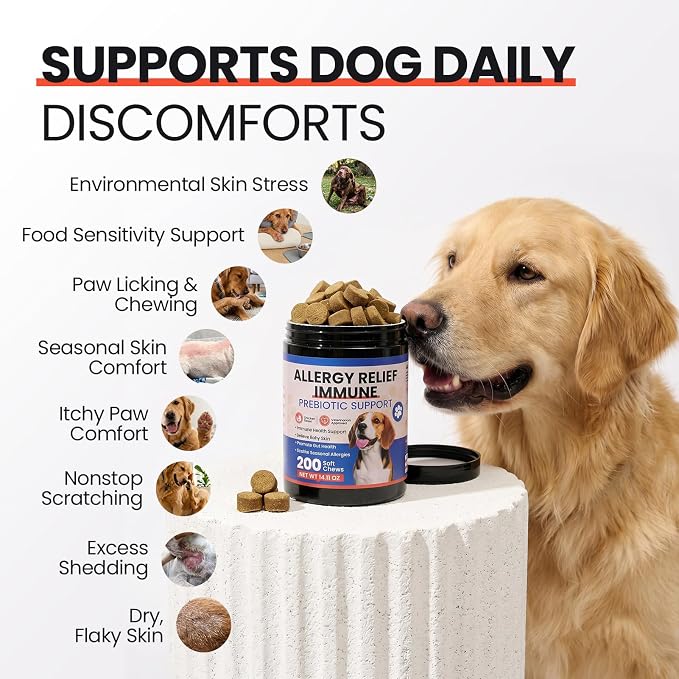Dog Allergy Chews 200 Ct - Itch Relief for Dogs Immune Support with Colostrum Probiotics & Omega 3 - Seasonal Allergies Anti-Itch Skin & Coat Supplement, Itchy Skin & Paw Relief Bites - Chicken Flavor