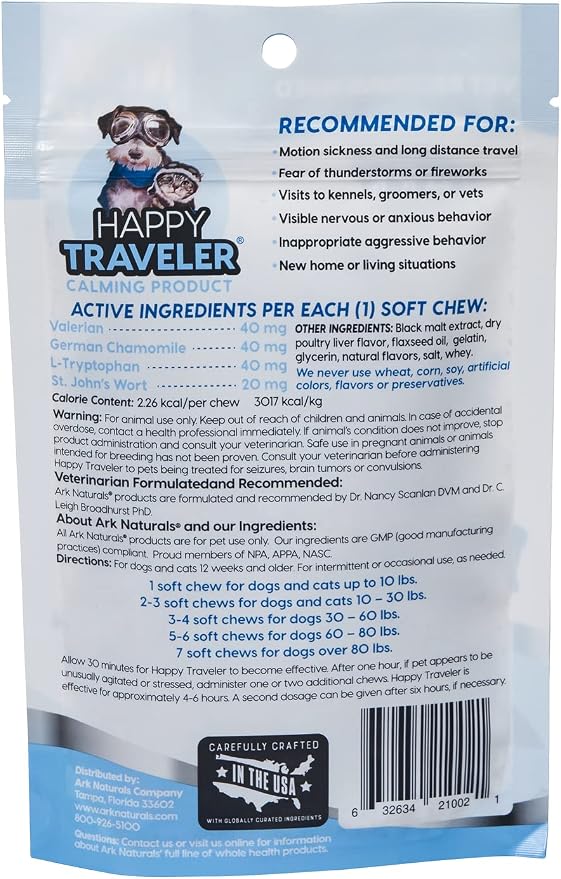 Ark Naturals Happy Traveler Calming Soft Chews for Dogs and Cats, 2 Pack