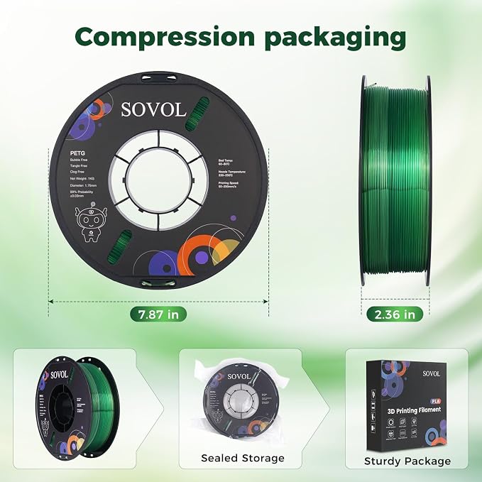 Sovol 3D Printer PETG Filament 1.75mm, Gradient Multicolors Filaments Material, 1kg (2.2lbs), Dimensional Accuracy +/- 0.03 mm, Fit Most FDM Printer, Green