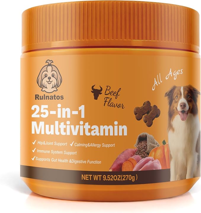 25-in-1 Dog Multivitamin, Chewable Supplements for Hip & Joints, Immune System, Gut & Digestive, Calming & Allergy Support, Omega 3 for Puppy & Seniors Dogs - 90ct (Beef)