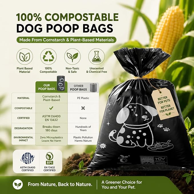 100% plant-based Dog Poop Bags Rolls, ASTM D6400 & EN 13432 Compliant, 240 Poop Bags including dispenser, 13 in × 9 in black poop bags for dogs, Super thick 100% leak proof