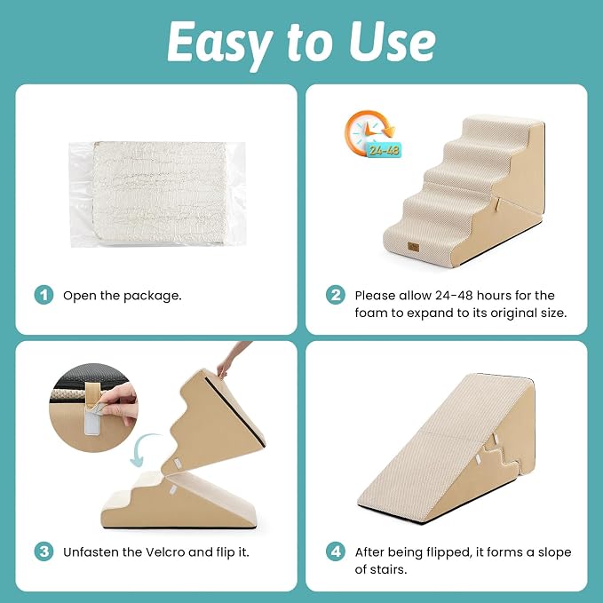 COZY KISS Dog Stairs for Small Dogs, 5-Step 2-in-1 Dog Steps,22.4" H | 5-step dog stairs and ramps for Old Cats, Puppy, Small Dogs,Non-Slip Base,for Couch & Bed, Beige