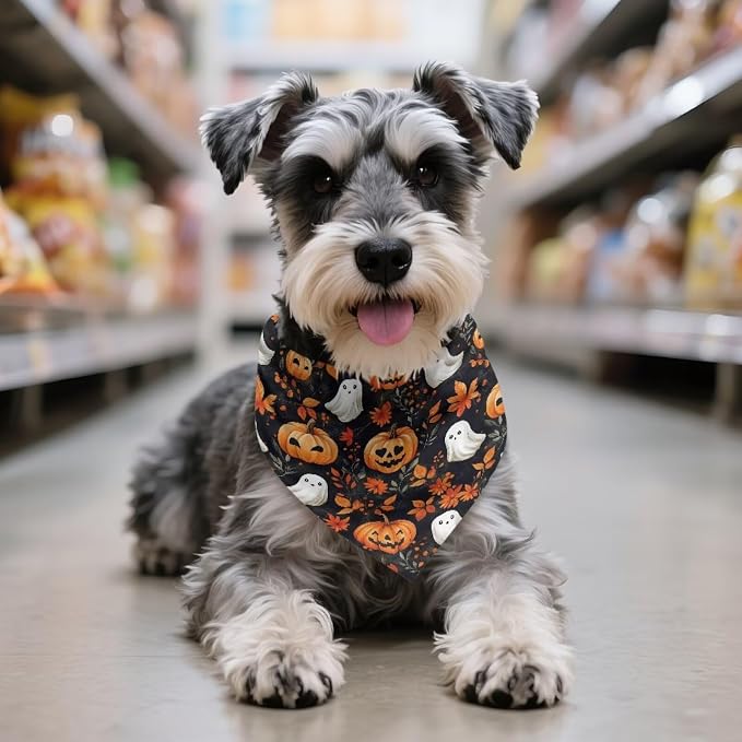 Jeiento Halloween Ghost Pumpkin Dog Bandanas Party Supplies Reversible Black Pet Scarf for Boy, Polyester, Black