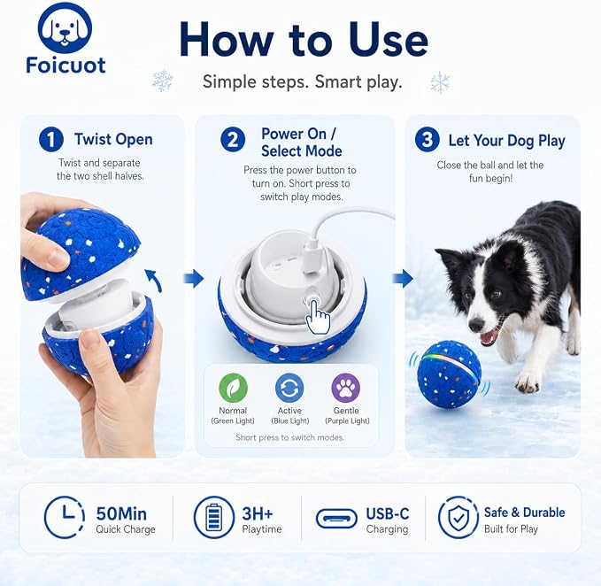 Interactive Dog Ball Toy, 3 Modes, LED, Sound & Vibration, USB-C | Durable E-TPU, Colorful LED Lights, Sound & Vibration, 50-Min USB-C Charging, Up to 3.5H Playtime, IP7 Water Resistance
