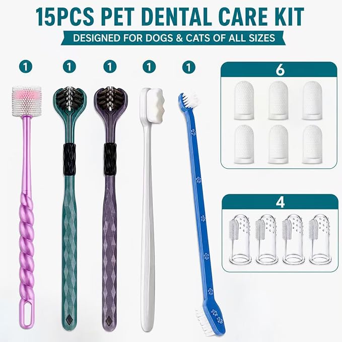 15-Pack Dog Toothbrush Kit, Triple Head & Double Head Dog Toothbrush, 360 Finger SiliconeToothbrush, Multi-Angle Dental Cleaning Brushes for Cat Oral Health (White)