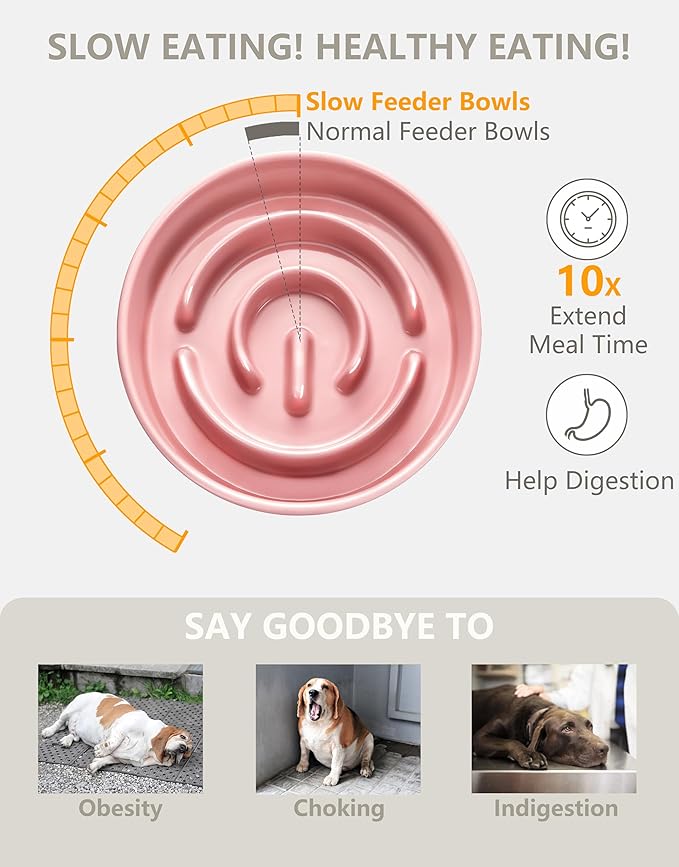 Ceramic Slow Feeder Dog Bowls, 2.0 Cups Slow Feeder for Medium Dogs, Puzzle Maze Bowl to Slow Down Eating, 30oz, 8in, Pink