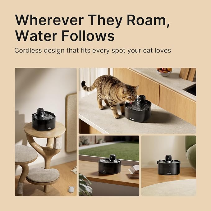 Wireless Cat Water Fountain, Cat Fountain Battery Operated, 78oz/2.3L Pet Water Fountain Cordless, 4000mAh Rechargeable Automatic Fountain with Motion Sensor, Quiet Pump & Locking Lid, with 6 Filters