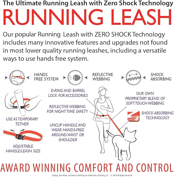 EzyDog Road Running Hands Free Dog Leash, Zero Shock Bungee - Pink | For Dogs over 26 lbs, Hands Free Running or Walking, Adjustable, Padded Handle, 1" Wide, Reflective Stitching, Accessory Loop