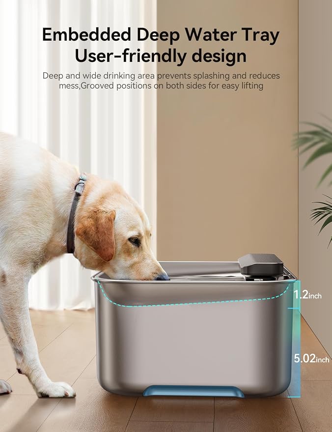 3.2Gal/12L Dog Water Fountain for Large Dogs, Stainless Steel Dog Water Bowl Dispenser with Deeper & Wider Drinking Area, FEELNEEDY Automatic Pet Fountain with Window & LED Light